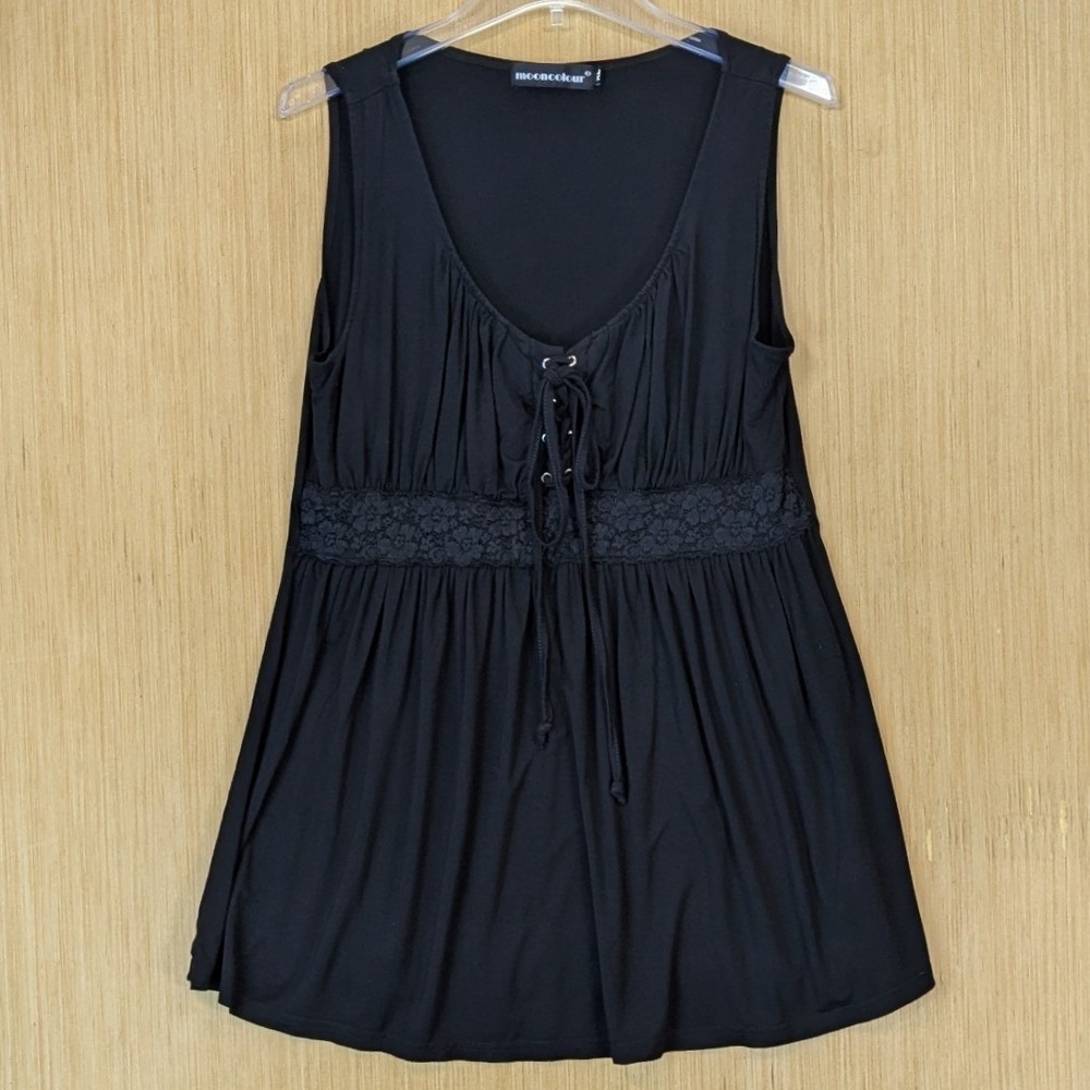 Womens Whimsygoth Renaissance‎ Black Empire Waist Babydoll Tank Top XL Lace Up